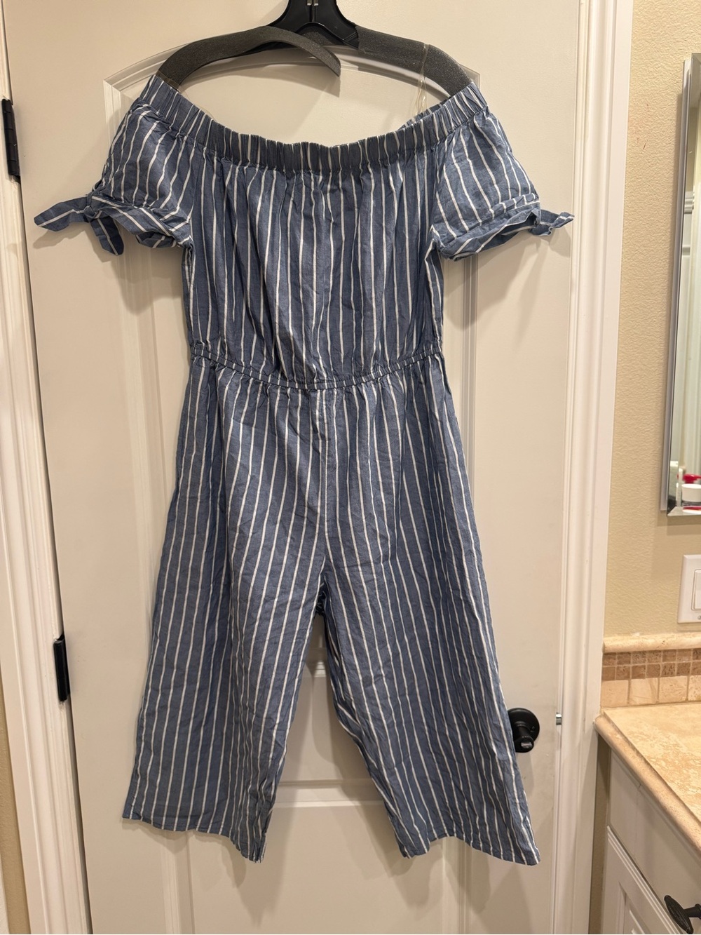 Girls Striped Off-Shoulder Jumpsuit in Blue and White